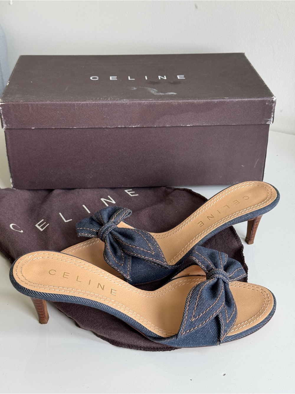 Celine Denim Knot Slide Heels in Blue with Tan Insole